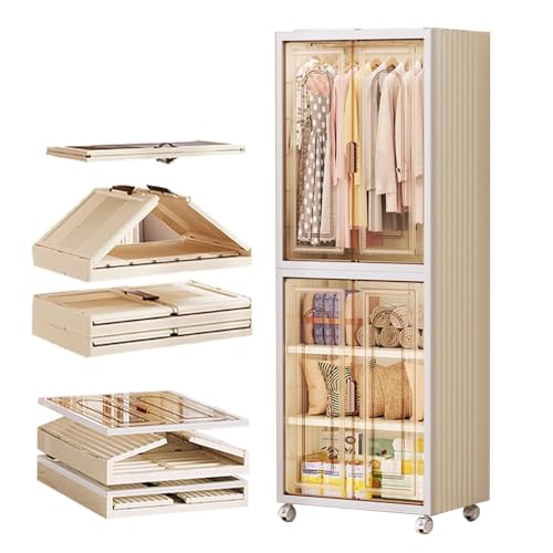 Portable Wardrobe Closet on Wheels Folding Plastic Large Collapsible Baby Stackable Storage Organizer for Bedroom Nursery Cubby D (B)