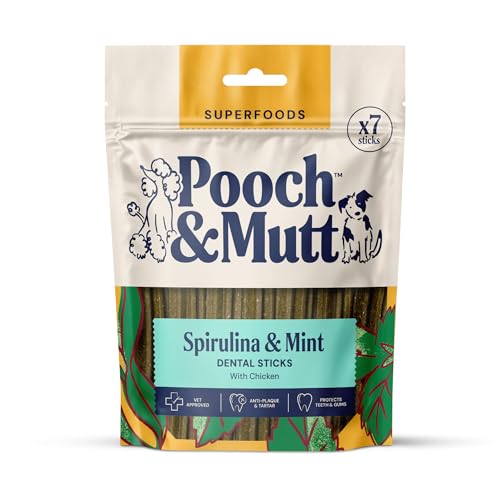 Pooch & Mutt - Superfood Dental Sticks für Hunde, Dental Sticks mit Spirulina- und Minzegeschmack für Hunde, 1 Packung mit 7 Sticks
