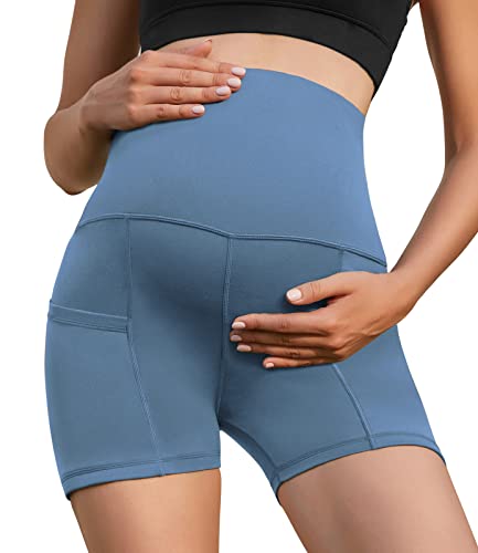 Xpenyo Women Maternity Yoga Shorts Pregnancy High Waisted Over Belly Workout Running Active Athletic Shorts Denim Blue, M #TOP17