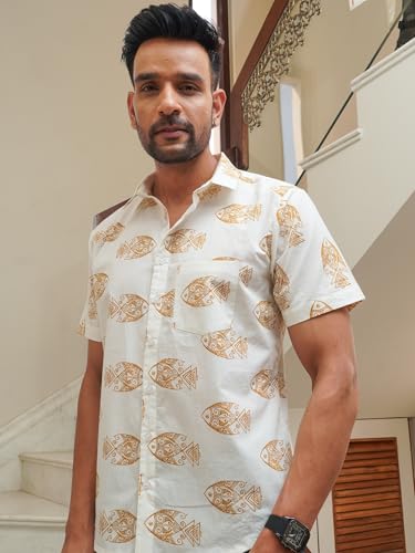Image of Yellow Fish Print on White Cotton Shirt for Men | All-Day Casual Comfort - Breathable cotton blend fabric engineered for premium softness and durable everyday wear.