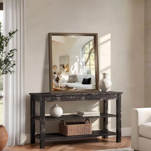Image of Bathroom Mirror, 30 x 36 inch Walnut Wood Grain Colored Aluminum Metal Frame Bathroom Vanity Mirror, Rectangle Wall Mirror for Bedroom Living Room, Tempered Glass, Horizontal or Vertical