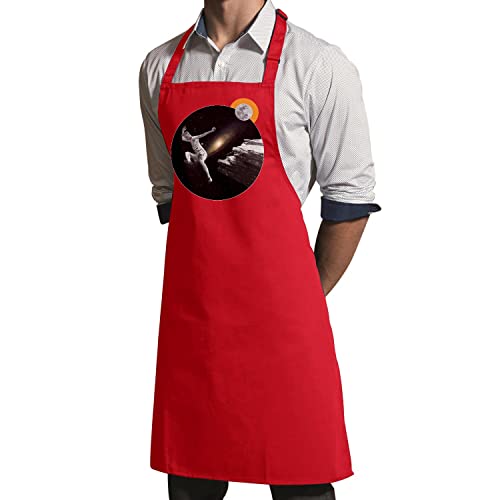 Tablier cuisine rouge espace lune collage surréaliste premium