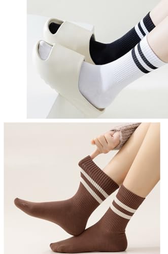 Image of Deeorla Womens Striped Crew Socks Brown Vintage Retro Athletic Socks 5 Pairs