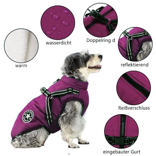 Voarge Hundejacke Winterweste Jacken, Hundemantel mit Geschirr für Kleine Hunde Hundemantel Wasserdicht Maschinen Waschbarer Reflektierender Streifen Design Haltbarer D-Ring (Lila, M)