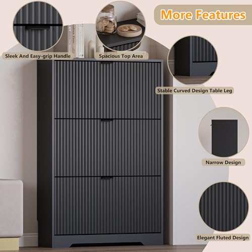Image of BORNOON Entryway Shoe Cabinet with 3 Flip Drawers, Narrow Shoe Organizer Cabinet with Fluted Panel and Adjustable Shelves for Foyer, Hallway