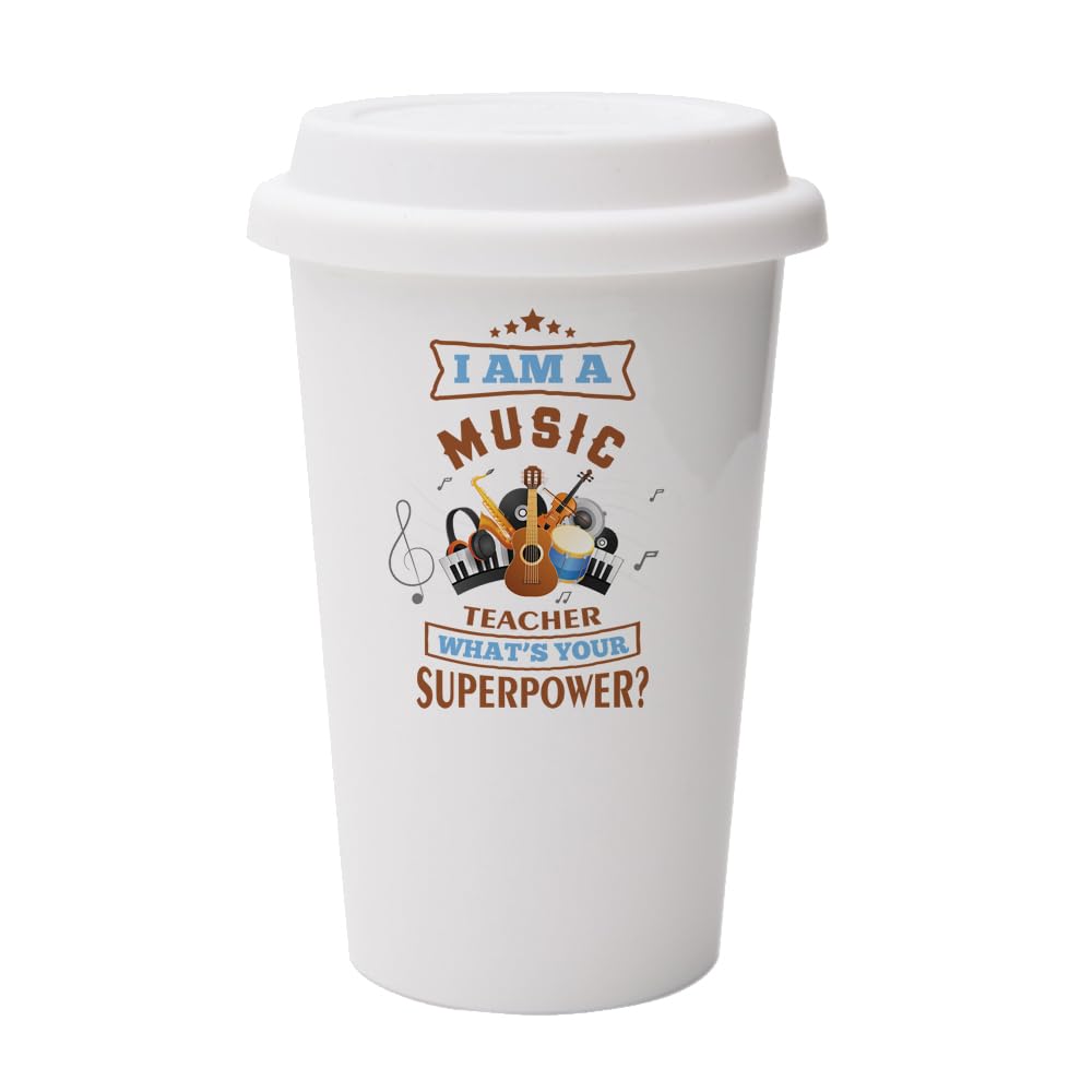 Getagift Music Teacher Gift, I Am a Music Teacher What's Your Superpower?, Coffee Mug,Tea Mug, Dual Wall Eco Insulated White Ceramic Travel Mug, with White Lid.