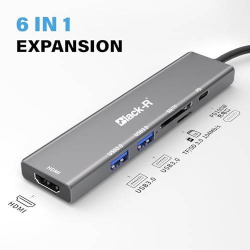 Image of Black-R 6-in-1 USB C Hub Docking Station, 4K HDMI, 100W Power Delivery, 5Gbps Dual USB 3.0 Ports, TF /Micro SD Card Reader, Aluminium Multiport Adapter for Laptop /MacBook /Windows /Linux