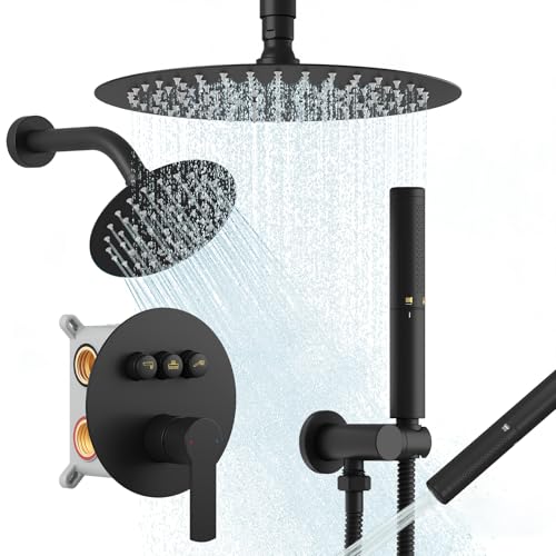 Image of BESy Shower Faucet Fixtures Set for Bathroom, 10 & 6 In Round Dual Rain Shower Head, Ceiling & Wall Mounted Rainfall Shower System, Push Button Diverter Shower Valve with 2 in 1 Handheld, Matte Black