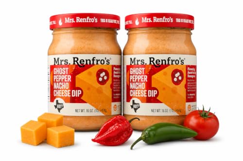 Mrs. Renfro's Ghost Pepper Nacho Cheese Dip, 16 oz Jars (Pack of 2) – Gluten Free Extra Hot Creamy Cheese Dip with Ghost Pepper – Ready-to-Serve for Nachos, Tortilla Chips, Fries, Tacos & Party Appetizers