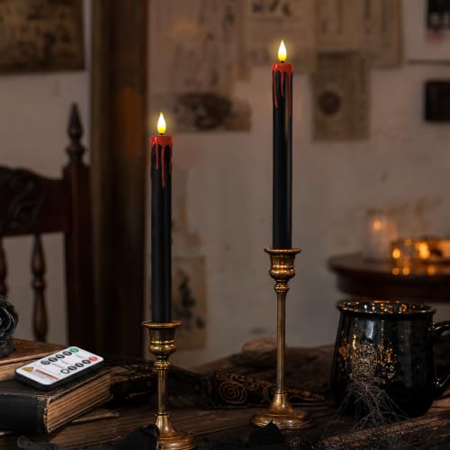 Image of Homemory Black Bleeding Real Wax Flameless Taper Candles, 9.6 Inch Battery Operated LED Candlesticks with Remote Control and Timer, Realistic Dripless for Halloween Spooky Dark Decor 2 Pack