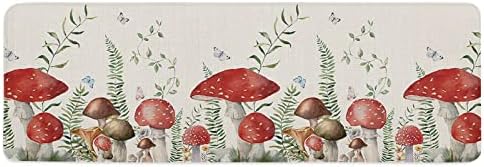 Retro Mushroom Cushioned Antifatigue Kitchen Mats and Rugs,Boho Butterflies Botanical Floral Wildflowers Green Leaves Aesthetic Floor Bath Door Mat Doormat Accent Runner Carpet Comfort Mat 18''x47''
