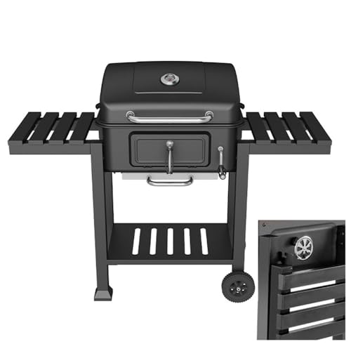 Fengzel Outdoor 2024 自立式 フタ付きバーベキューコンロ 保温網付き 焼き、燻製、蒸し3WAY 8-12人用 炭補充 灰片付け簡単 棚板 キャスター追加 移動楽々 検温可能 ハイスタイル バーベキューグリル (左右側棚板付き)