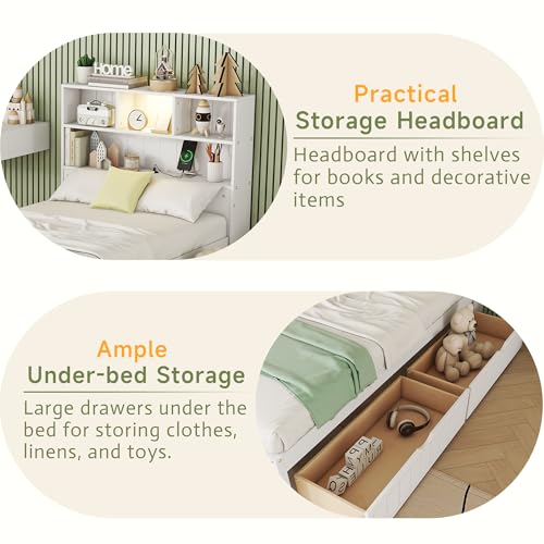 Luckiofvonne Twin Bed Frame with Bookcase Headboard and Charging Station, Wood Captain Bed with Light and Storage Drawers for Kids Boys Girls, Noise Free, No Box Spring Needed, White - Thumbnail 4