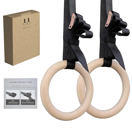 HTRTRR Anneaux de gymnastique en bois - Anneaux de gymnastique en bouleau - 28 mm - Bandes réglables avec fermeture rapide et mousqueton - Anneaux pour aérobic,...