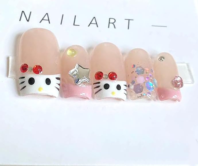 Miniatura 7 de Lovely Cat Nail Art - Uñas francesas a presión con punta azul rosa con diamantes de imitación y purpurina gruesa, lindas uñas postizas ovaladas