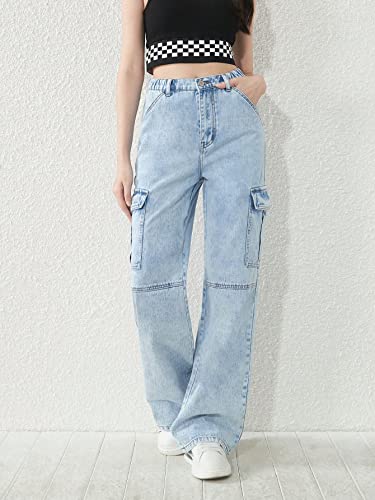 WDIRARA Girl's Flap Pocket Side High Waist Straight Leg Cargo Long Jeans Denim Pants4