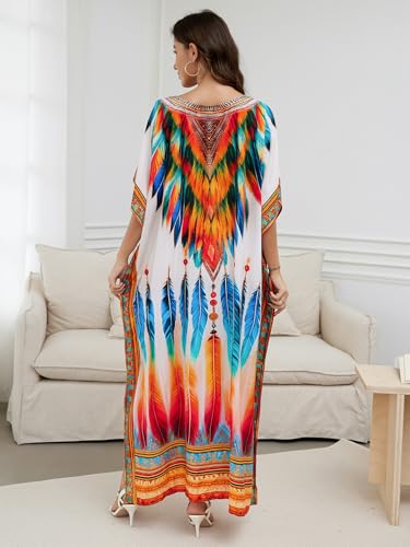 Image of IMAGEKOPE Women's Plus Size Loose Fit Moroccan Print V-Neck Batwing Kaftan Beach Dress Bathing Suit Cover Up