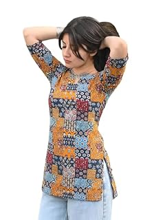 Pinkmint Women Printed Short Kurti Cotton Blend Tunic Top, Notch Neck & 3/4 Sleeves, Casual Ethnic Wear for Office, College & Daily Use, Stylish Regular Kurti for Women (Available in Plus Size)
