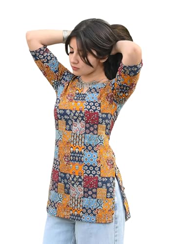 Pinkmint Women Printed Short Kurti Cotton Blend Tunic Top, Notch Neck & 3/4 Sleeves, Casual Ethnic Wear for Office, College & Daily Use, Stylish Regular Kurti for Women (Available in Plus Size)