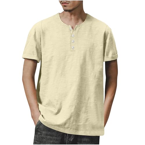 Mens Cotton Henley Shirts Breathable Tshirt Loose Fit Short Sleeve Collarless Basic Tees Fashion Tops Summer 2025