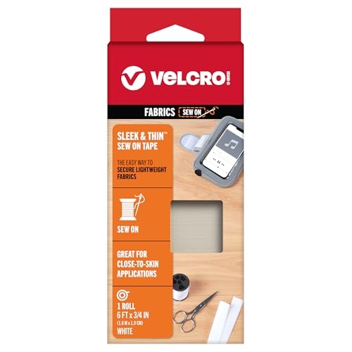 VELCRO Brand Sleek and Thin for Fabrics | 6ft x 3/4in Tape, White | Soft on Skin Ultra Light with Sewing Lane Technology, by VELCRO Brand - Used condition - US$6.84