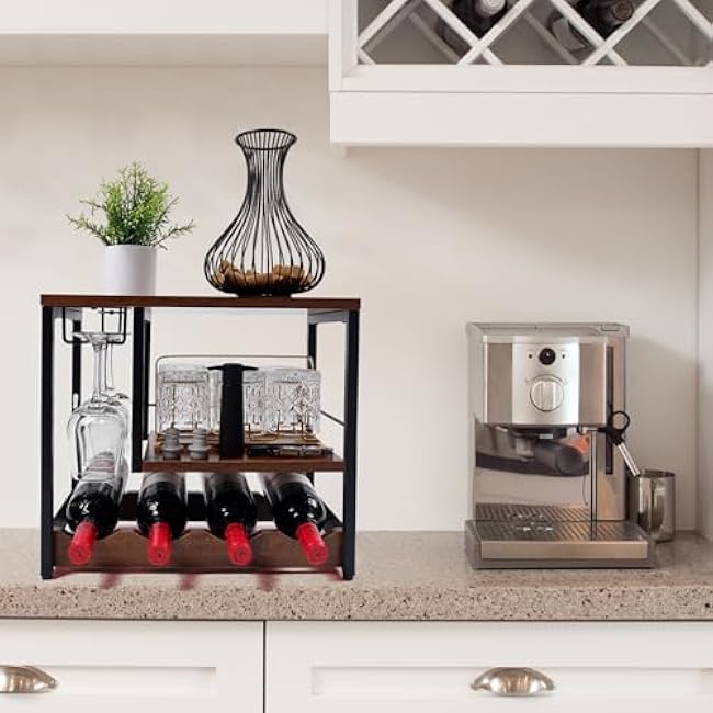 Freestanding Countertop Wine Rack, 4 Bottles & 3 Glass Slots Wine Storage, Wooden & Metal Wine Cabinet Shelf, Space-Saving Liquor Holder for Home Bar, Kitchen & Pantry