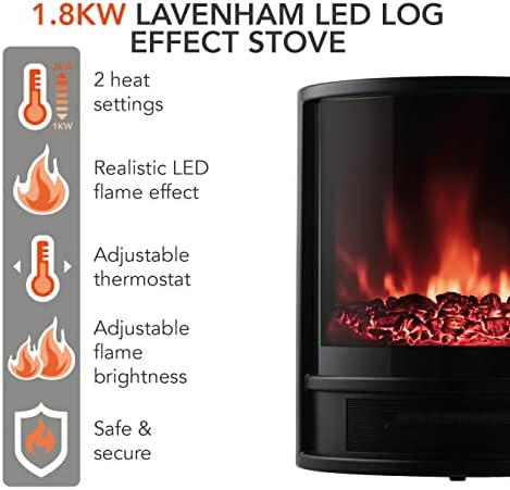 Warmlite WL46031 Lavenham 1.8kW LED Log Effect Fire Stove with Adjustable Thermostat Control, 1800W, Black
