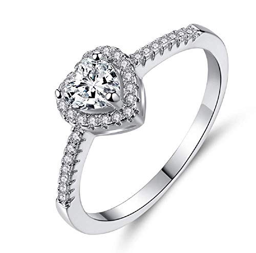 Bib Jewelry Women's Plated Silver Heart Shaped Cubic Zirconia CZ Halo Promise Engagement Best Promise Rings Anniversary Wedding Bands (6#)
