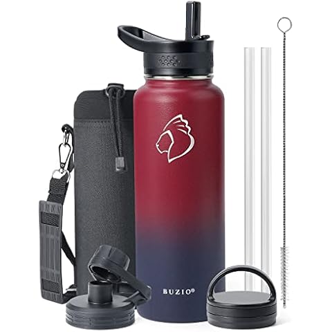 BUZIO 40 oz Water Bottle Insulated with Straw & 3 lid and Carrying Pouch, Leak Proof Anti-Slip Stainless Steel Water Flask Jug, Cold for 48 Hrs Double Vacuum Thermo Canteen, BPA-Free, Blue Cover