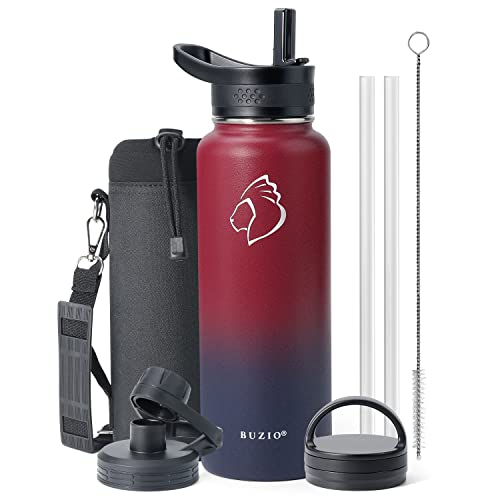 BUZIO Botella de agua de 40 onzas con aislamiento y popote, 3 tapas y bolsa de transporte, jarra de agua de acero inoxidable antideslizante a prueba de fugas, fría durante 48 horas, cantimplora