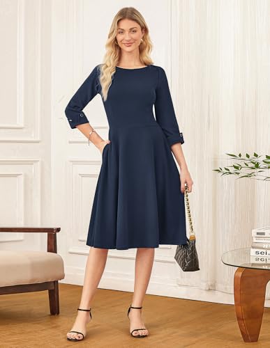 Image of GRACE KARIN Work Dresses for Women 2025 3 /4 Sleeve Fit and Flare Business Midi Dress Classy Office Dresses with Pockets