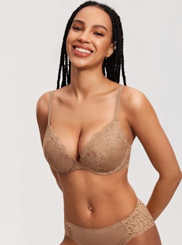 Image of DOBREVA Women's Push Up Lace Bra Underwire Plunge Full Coverage Bras Sexy Plus Size Support