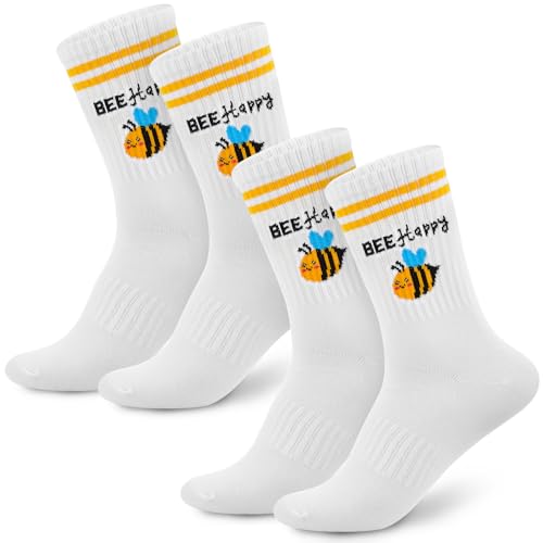 Jadive 2 Paar Glücksbringer Socken Lustige Motive 36-42 Glückssocken Good Luck Unisex Viel Glück Geschenk(BEE Happy)