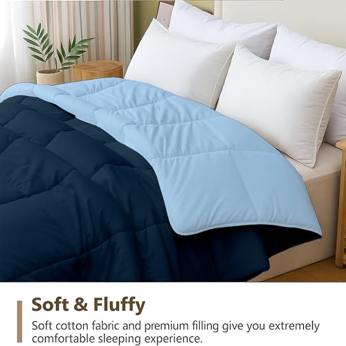 Image of Bed Comforter - Double Size - Navy Blue & Light Blue - 300 GSM Quilt Blanket Rajai - Winter Warm Down Alternative Duvet Insert with Corner Ties