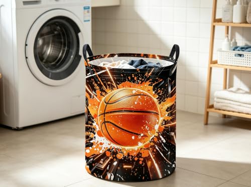 Image of ESSME Basketball Laundry Basket,Sport Hamper Collapsible Canvas Waterproof Storage Bin, Cute Hamper,Gift Baskets(Basketball)