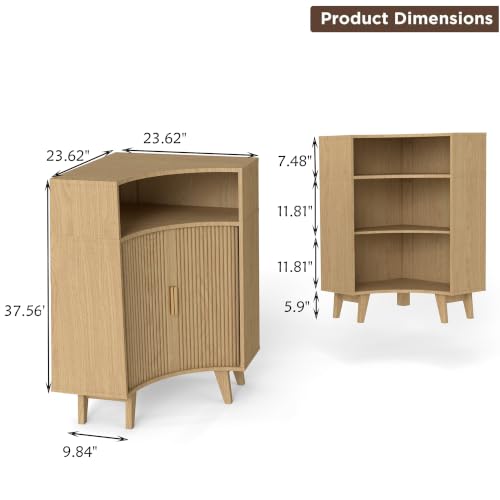 Image of Fluted Corner Cabinet with Open Storage, Modern Floor Cabinets with Sliding Doors and 2-Tier Shelves, Freestanding Narrow Organizer for Small Space,Living Room, Dining Room,Natural