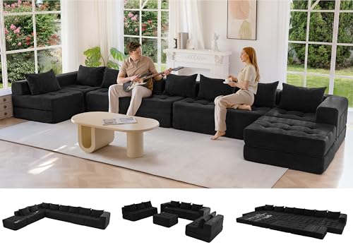 Image of MAXYOYO Modular Sectional Sofa Couch, Foldable Oversized U Shaped Cloud Couch with Pillows, Tufted Boneless Lounger Floor Sofa Bed for Living Room, No Assembly Required, Black