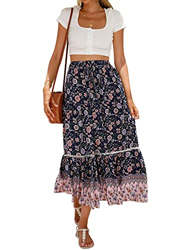 Ezcosplay Women Long Skirts Boho Floral Elastic High Waist Flowy Beach A Line Maxi Skirt4
