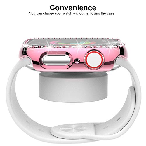 YOUULAR Diamond Case Compatible with Apple Watch Series 4/5/6/SE 40MM with Screen Protector, Glitter Hard PC Bumper Smart Watch Cases with Tempered Glass Film for Women, Pink