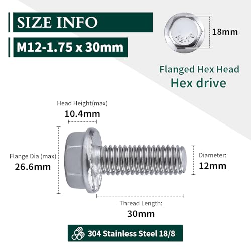 Image of M12-1.75 x 30mm Hex Flange Bolt (1.18 inch Thread Length), DIN6921, Serrated Locking Flange, 304 Stainless Steel, UNC Full Thread, 6-Pack