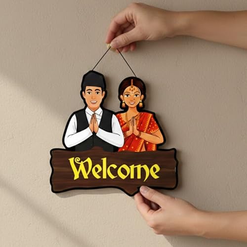Image of EXPLEASIA Welcome Nepali Couple Decorative Wall Hanging Wooden Art Decoration Item for Home Office Living Room Decoration Items Home Decor Wall Art Wall Decoration (Multicolor)