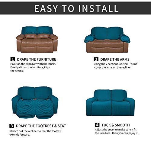 Image of Easy-Going 6 Pieces Stretch Sectional Recliner Sofa Slipcover Soft Fitted Fleece 2 Seats Couch Cover Washable Furniture Protector with Elasticity for Kid Pet (Recliner Loveseat,Peacock Blue)