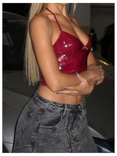 WDIRARA Women's PU Leather Halter Top V Neck Sleeveless Cami Y2k Crop Tops4