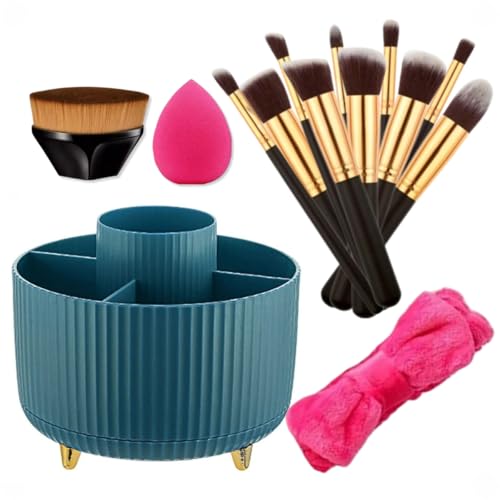 Kit de Maquiagem Profissional, Organizador de Pinceis de Maquiagem 360o Bege,11 Pincéis Kabuki, Espo