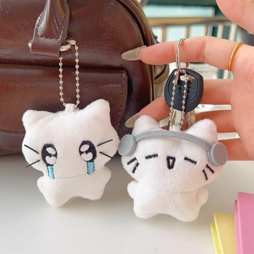 Image of figurine 2Pcs Cat Keychain,Cute Keychain, Plush Keychain, Emotional Cat with Headphones and Crying Face Design Bag Charms for Backpack, Purse, and Keys