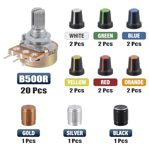 ALLECIN 20 Stück 500 Ohm B500R Potentiometer Mono Linear WH148 Drehpotentiometer 3 Klemmen B Typ Lineares Taper Einzelpotentiometer Variable Widerstände mit Muttern und Unterlegscheibe und Knopf