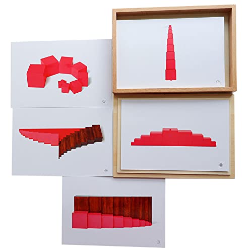 Kghios Montessori Pink Tower、 Brown Stair and Long Red Rods Sensorial Cards with Wood Box ,Montessori