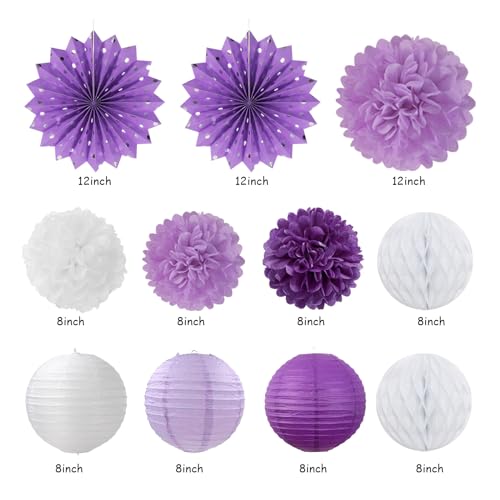 Image of Purple Lilac-Lavender White Women Birthday Party-Decorations - 21pcs Happy Banner,Paper Lanterns,Tissue Pom Poms Flower Fan,Honeycomb Ball,Hanging Streamers Garland, Girls Decor Supplies Huglony