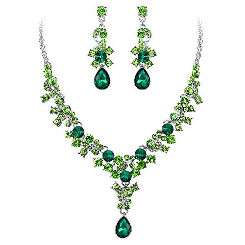 EVER FAITH Women's Crystal Bridal Banquet Flower Waterdrop Necklace Earrings Set Green Silver-Tone