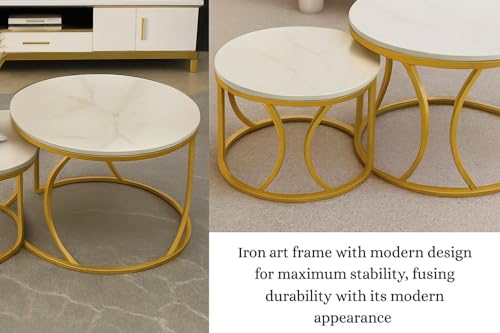 Image of Round End Table Set of Two Coffee Tables with Engineered Wood Top and Metal Frame, Contemporary Accent Side Table for Office, Bedroom, or Living Room Golden White
